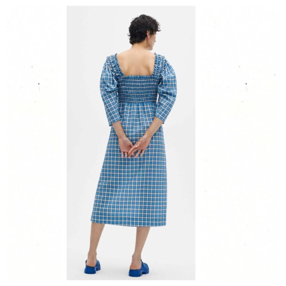 GANNI Seersucker Check Smock Midi Dress - Azure Blue - Picture 3 of 10